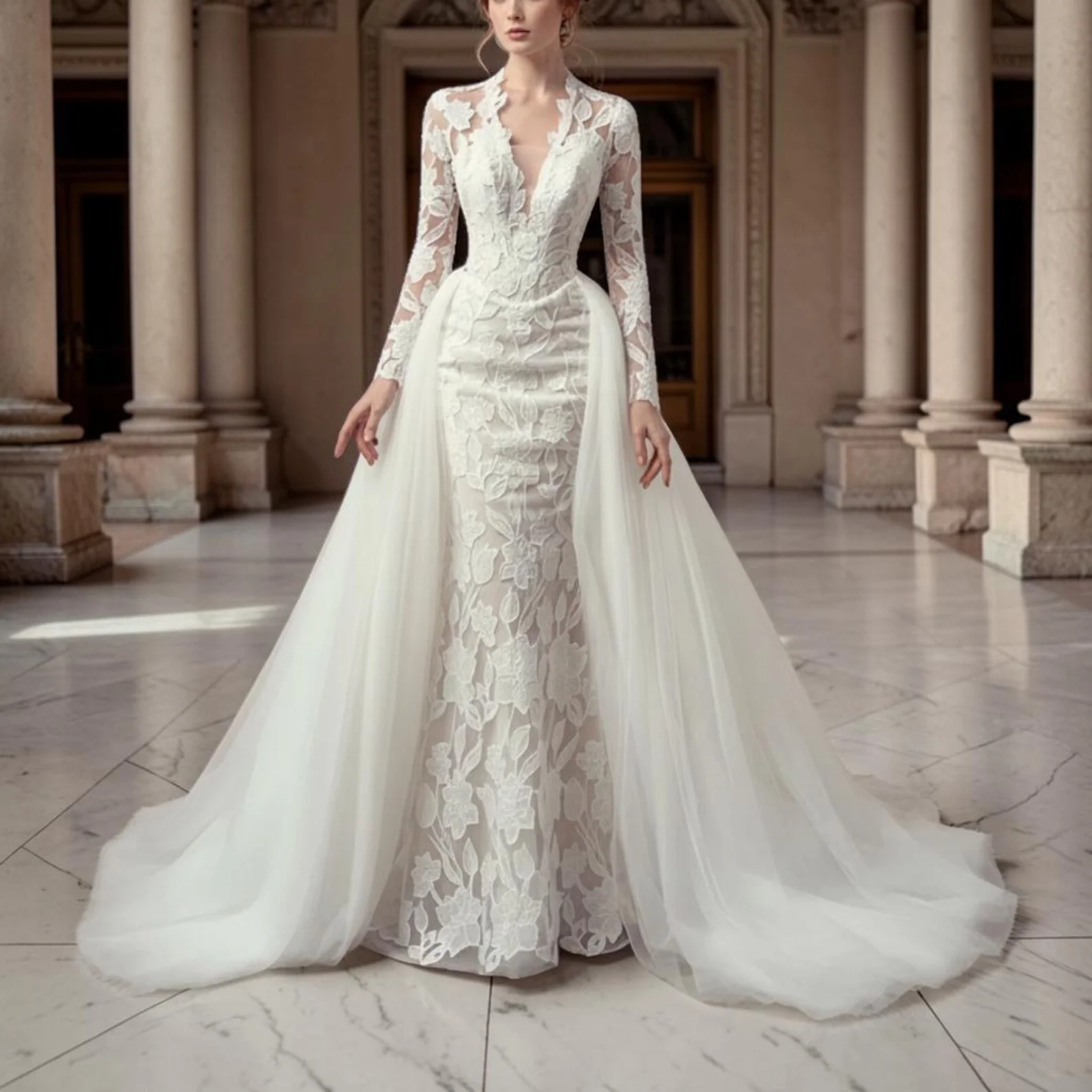 

Custom 2026 Lace Mermaid Wedding Dress Illusion Long Sleeve Bridal Gown Deep V Neck Elegant Fitted Train Dress Vestido De Novia