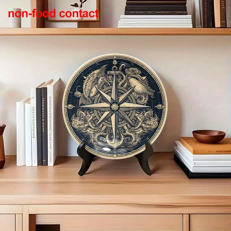 1pc Vintage Nautical Compass Wall Decor Plate - Black & Golden Ceramic Round Maritime Art with Compass Rose, Anchors & Ships -