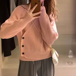 Abbigliamento femminile maglioni coreani con scollo a v Casual sciolti autunno inverno tinta unita bottoni impiombati maglioni lavorati a maglia a maniche lunghe Vintage