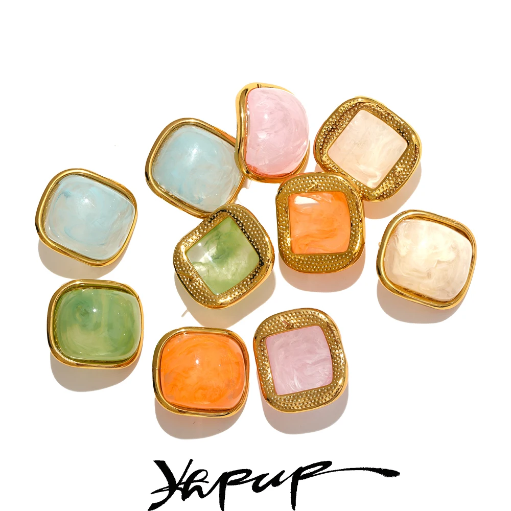 Yhpup Y2K Colorful Resin Square Golden Stud Earrings 2024 Women Summer Stainless Steel 18k Plated Candy Charm Jewelry Waterproof