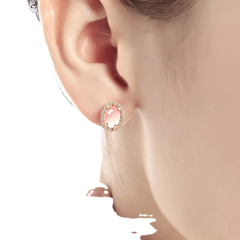 925 Sterling Silver Stud Earrings Diamond Hibiscus Powder Crystal Rose Gold Feminine Gift