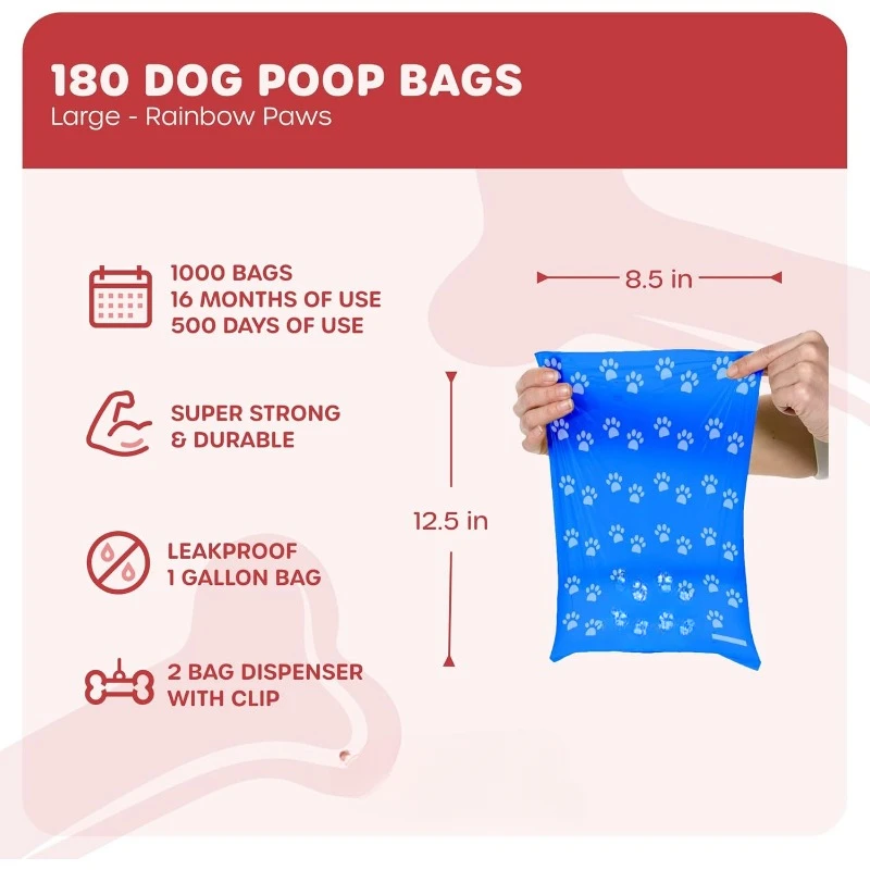 180 Count Unscented Dog Waste Bags,Rainbow Leak-Proof Dog Poop Bags Refills with Leash Clip and Bone Bag Dispenser - 12.5 x 8.5