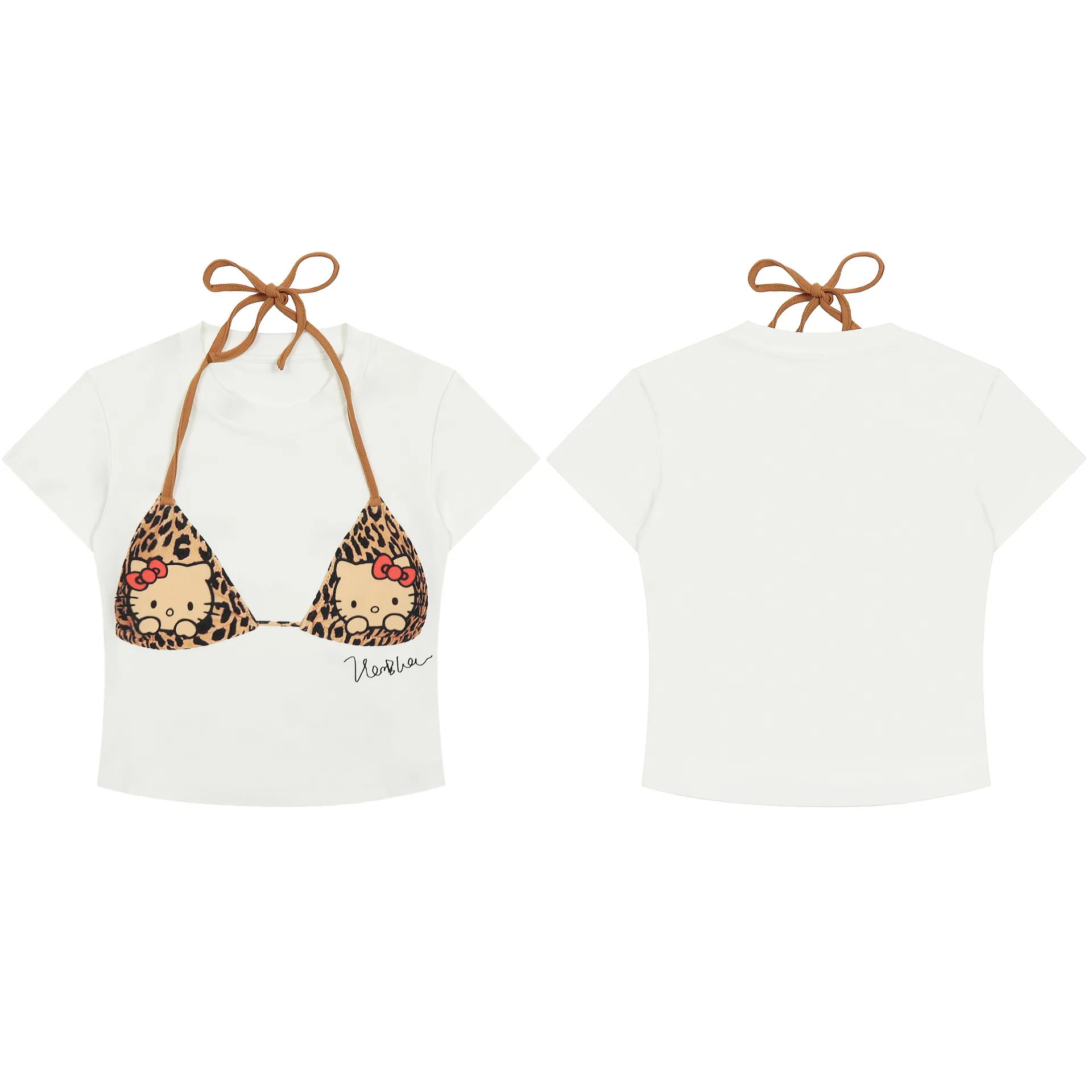 مرحبا كيتي المرأة 2025 ليوبارد تي شيرت مطبوع الصيف Y2K كاذبة قطعتين الرسن الرقبة المحاصيل الأعلى مثير العصرية المتخصصة بلوزة