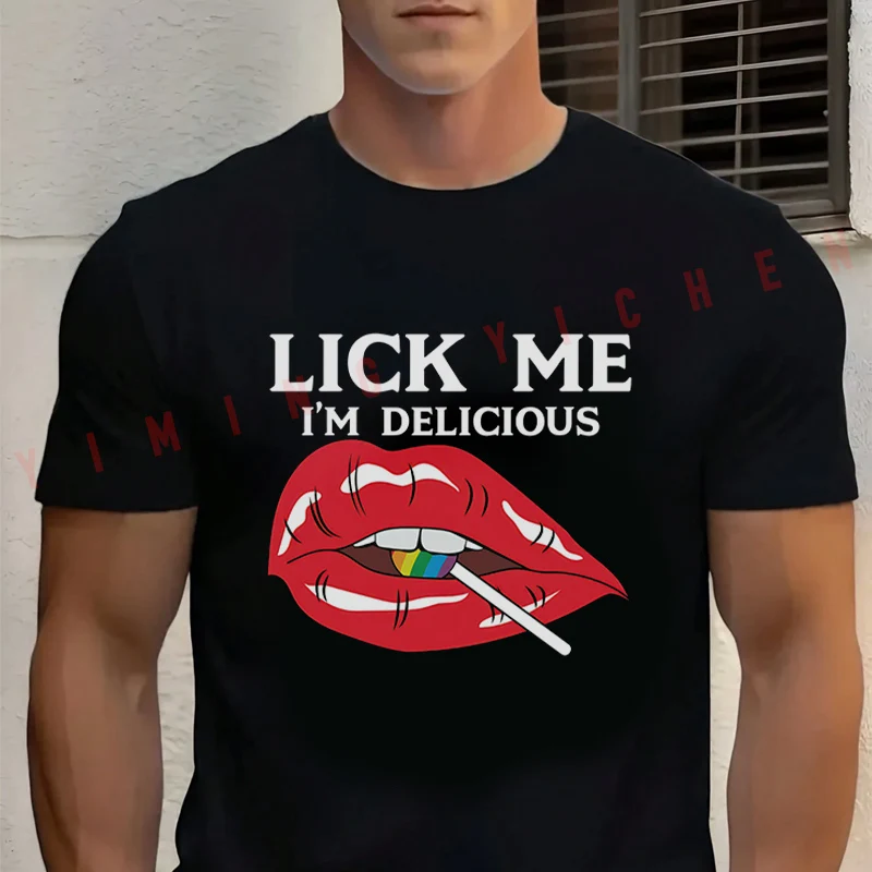 

Men's Summer Cotton T-shirt Licking Sexy Red Lips Graphic Motorcycle Tee Casual Short-sleeve Motorbike Cycling Top