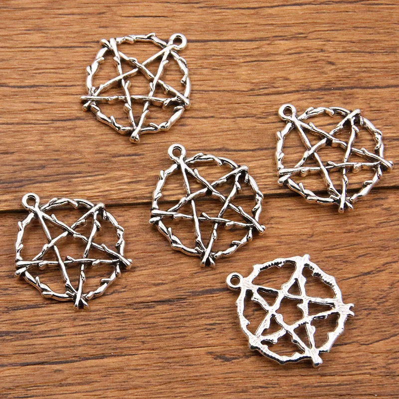 10Pcs 25*28mm 2 Color Wholesale Round Charms Five Point Star Pendant Handmade Decoration Vintage For DIY Jewelry Making Findings