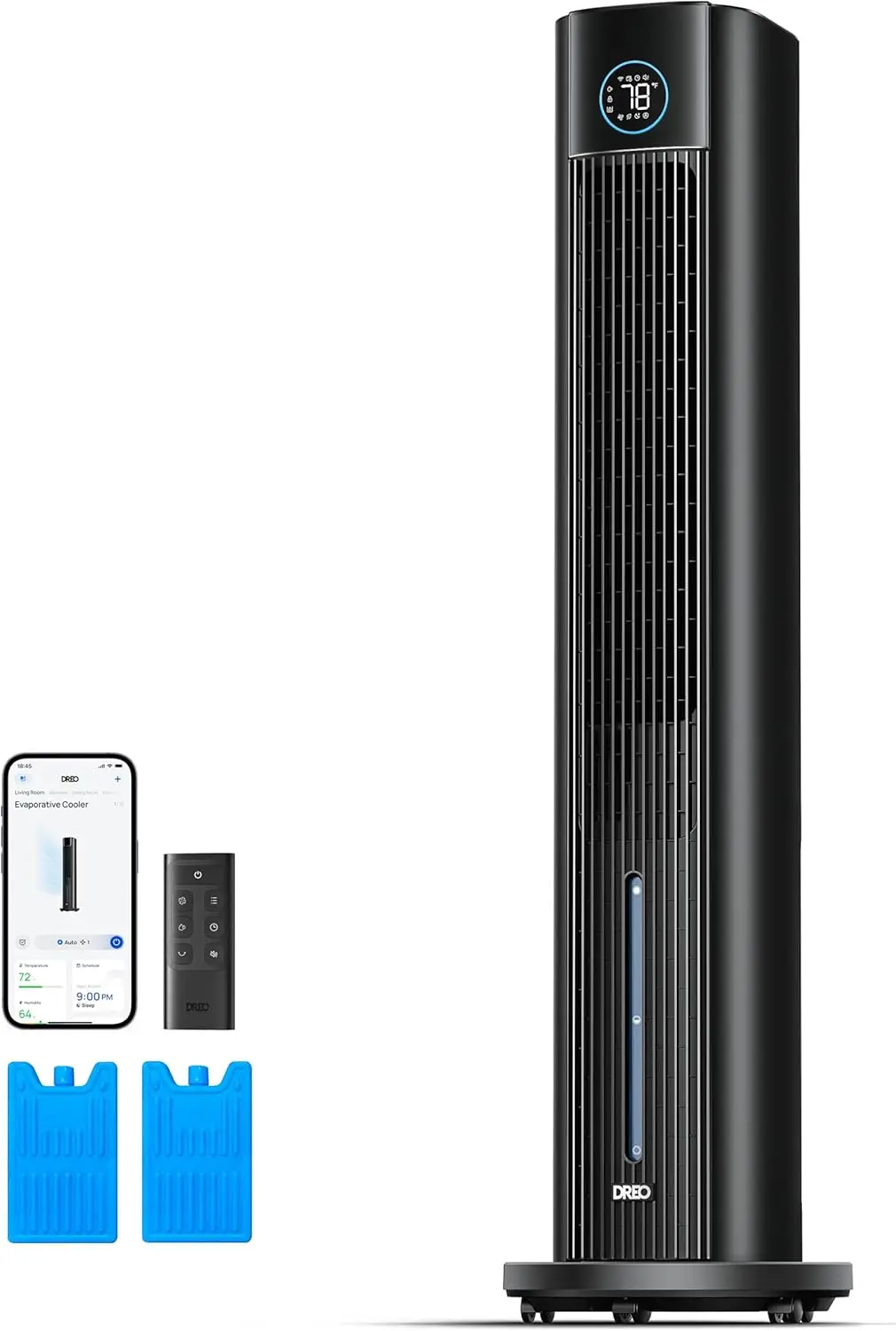 

43-Inch Evaporative Swamp Cooler, 2025 Upgraded Oscillating Floor Fan with Cold Air Blower, 85° Wide Oscillation, Suitable for Bedroom, App Control, Includes Ice Packs, 4 Speed Settings & 4 Modes, Easy to Clean, 12-Hour Timer, Black