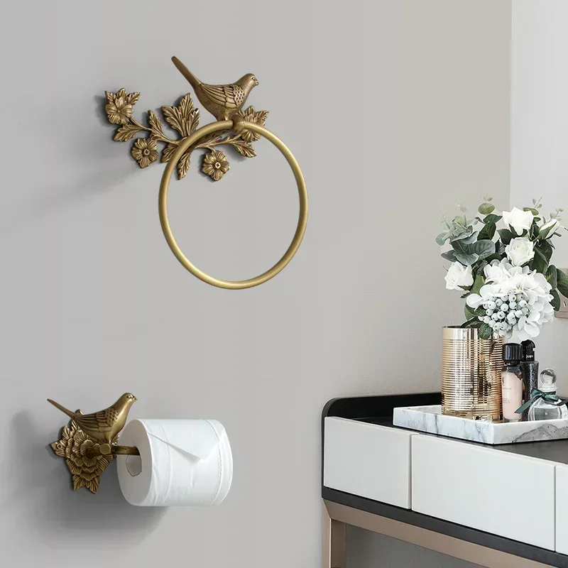 Antique Brass 3pcs Bath Towel Set Bird Towel Ring Carved Toilet Paper Holder Towel Bar 18 Inch Bathroom Accessories