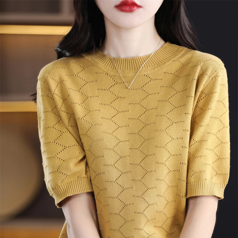 Women O-Neck Hollow Out Knitted Blouse Sweater Solid Slim Cotton Pullover Shirt Korea Fashion All Match Knitwear Female