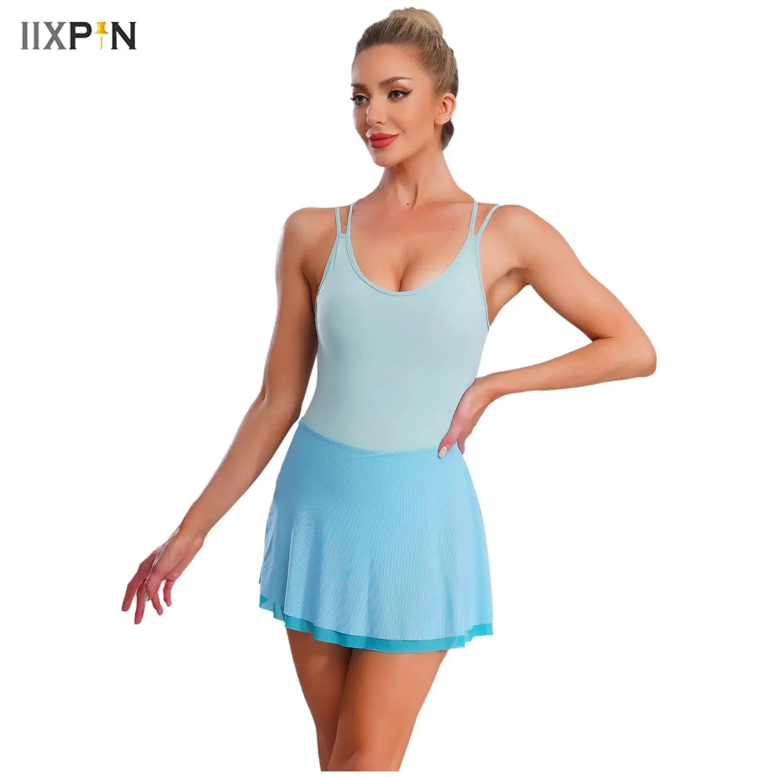 

Womens Ballet Dress Removable Pads Color Block Mesh Hem Built-in Briefs Leotard Dress for Lyrical Dance Class Figure Skating