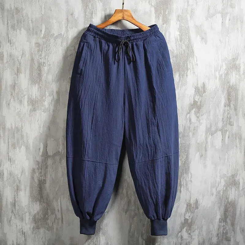 Spring Summer Men's Casual track-leg Cotton Linen Radish Harlan Pants Tied Feet Loose Men's Clothing Tight Closing Lantern Pants