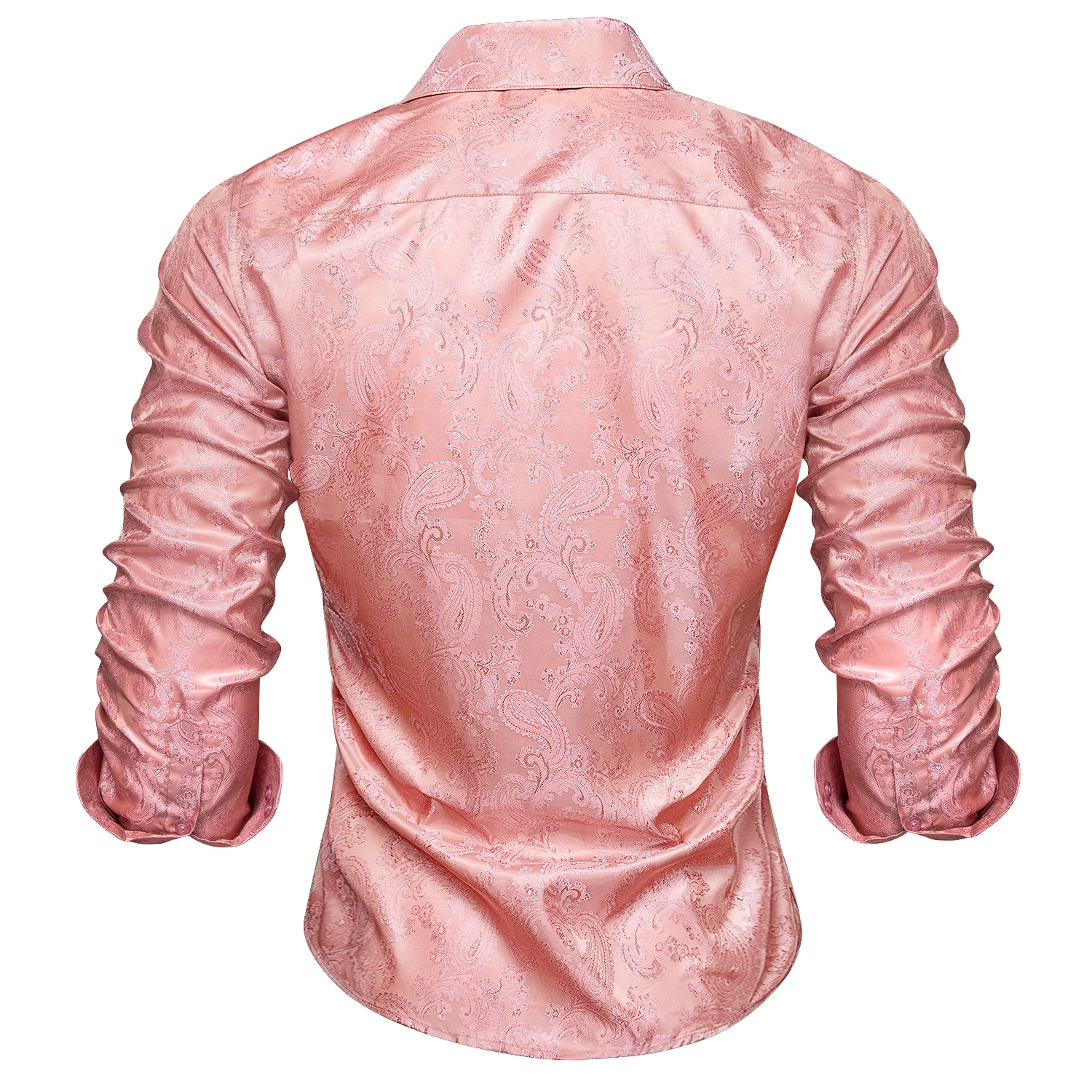 Coral Pink Paisley Men Silk Shirt Spring Autumn Long Sleeve Wedding Turndown-Collar Dress Suit Shirt Business Formal Gift Hi-Tie