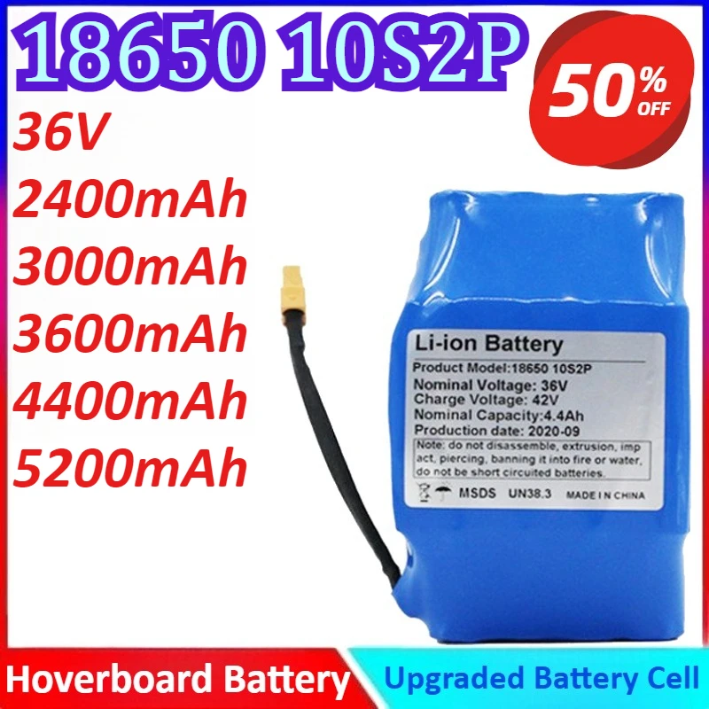 

18650 10S2P 36V 2400mAh/3000mAh/3600mAh/4400mAh/5200mAh Hoverboard Battery Rechargeable Lithium Battery
