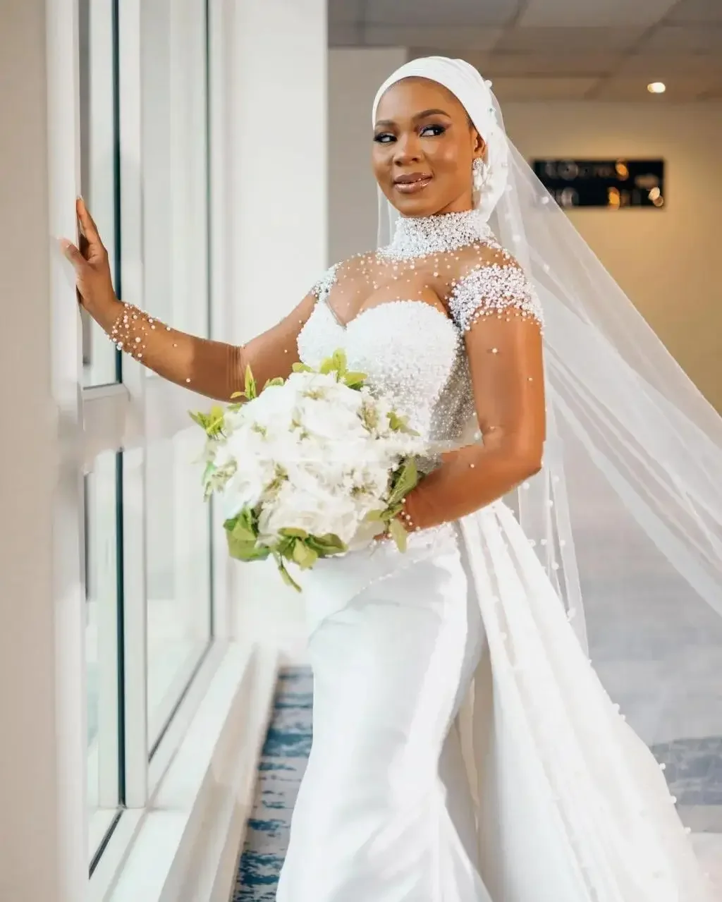 Customized High Collar Sparkly Pearls Beads Wedding Dress with Removable Skirt  Vestido De Noiva Satin Arabic   Bridal  Gowns