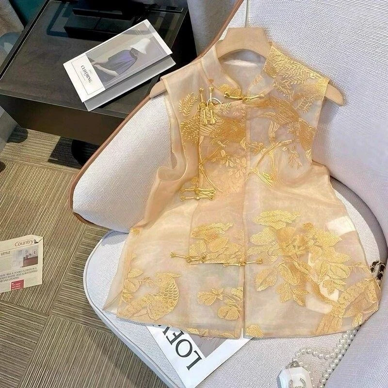 Chinese Style Spring 2026 New Vest Women's Vests Fashion Heavy Embroidery Stand Collar Organza Retro Waistcoat coat Top Female