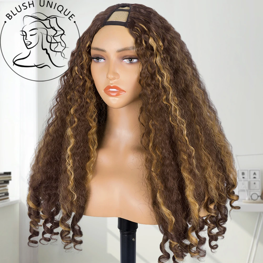 Highlight Afro Curly V Part Wig for Women Ginger Kinky Straight with Curly Ends Glueless No Leave Out Clip Synthetic Half Wigs