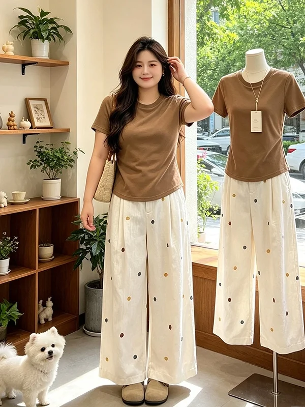 

plus Size Korean Style Color Short Sleeve Top And Checkered Wide Leg Pants Set Women's Summer New Slimming Two Piece Set