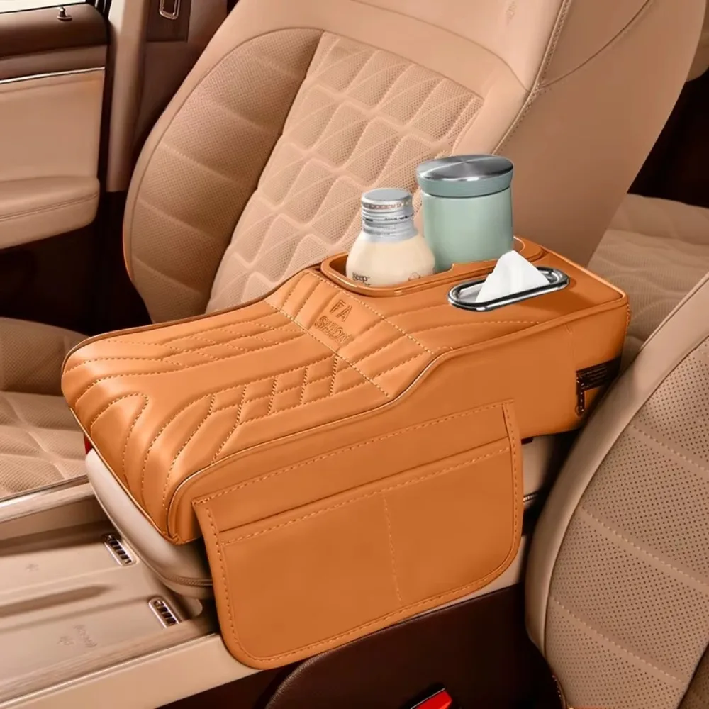 

PU Leather Car Armrest Box Height Increase 2 Cup Holder Vehicle Armrest Cushion Side Extension Pockets Comfortable