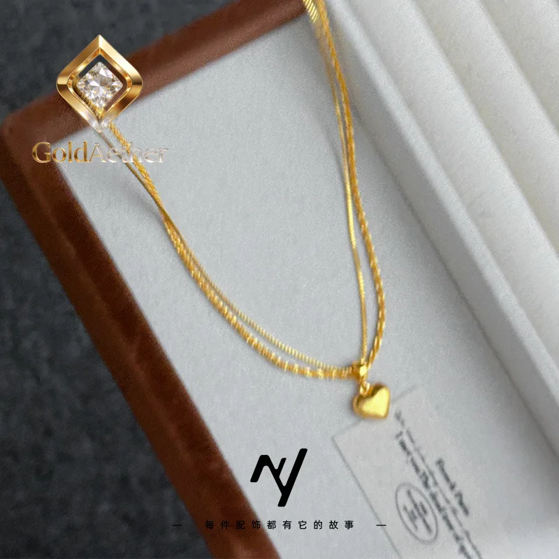 

GoldNouveau Luxury 24K 9999 Pure Gold real gold Love Elegant Collarbone Necklace Women's Double Wire Brushed Peach Heart Necklac