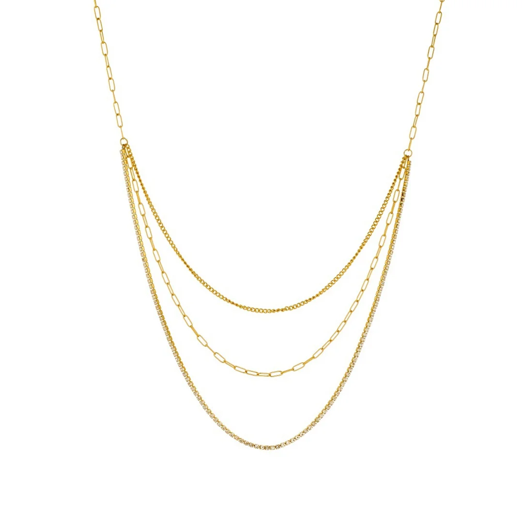 

Punk Fashion Curb/Paperclip/Tennis Chains Female Gold Color Stainless Steel Three Layers Chain Link Necklace for Women Jewelry