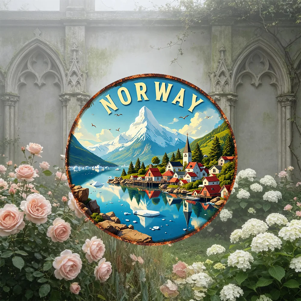 2D Flat 1pc Norwegian Fjord Landscape Pattern Metal Aluminum Skin Sign Round Decorative Painting, Size (7.87In X 7.87In / 20Cm X