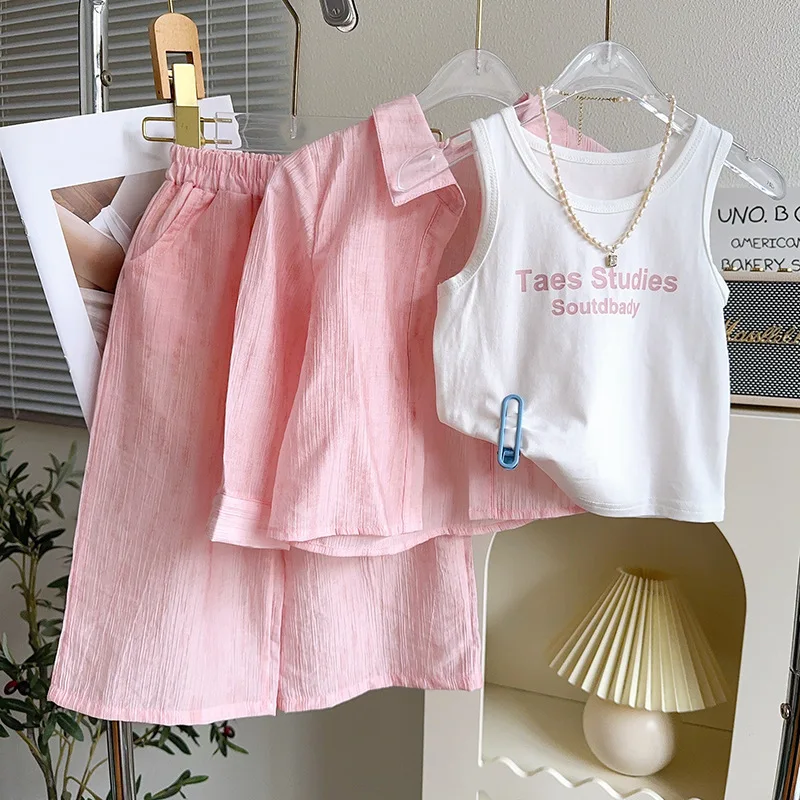 

Girl Three Piece Set 2024 Summer New Lovely Pink Sunscreen Shirt Vest Pants Casual Simple Fashion Loose Sweet Korean Active Cute