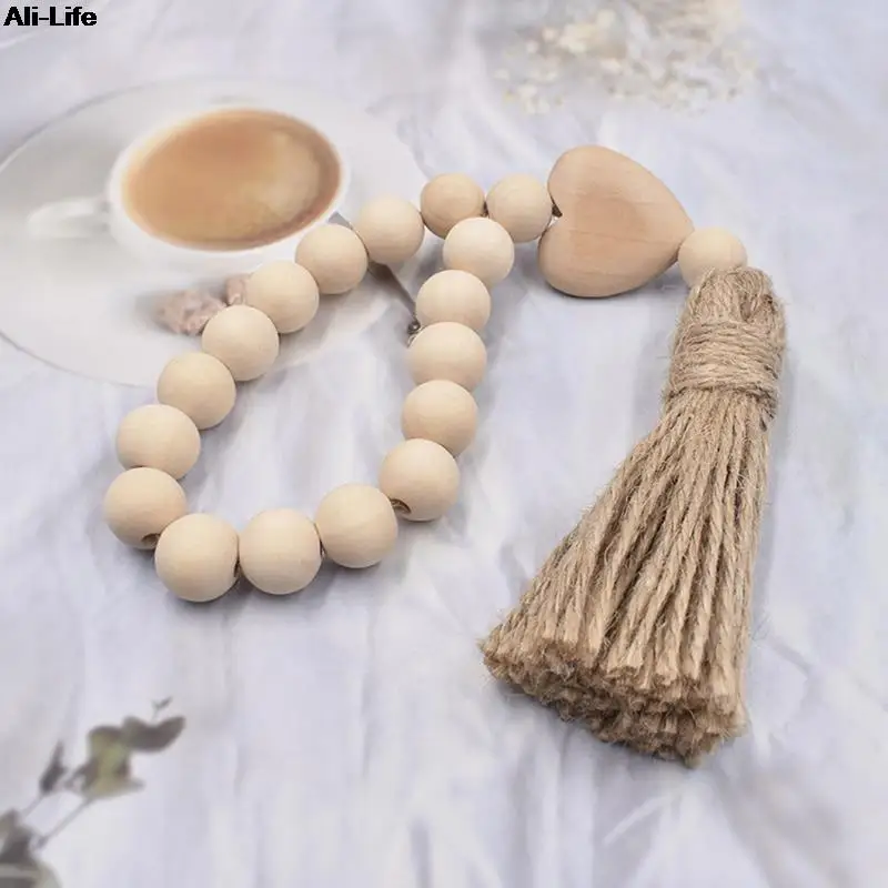 1Pc Log Color Wood Bead Garland Rustic Wall Hanging Hemp Rope Tassel Beaded with Heart Knot Woven Pendant Home Decoration