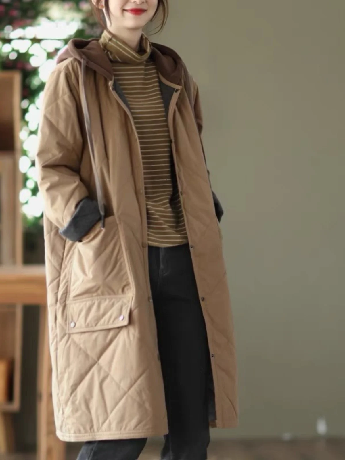 

Thiened Cotton Jaet Women's Loose Long Coat with Hood Vintage Sle Button up Pure Color Commute Friendly Winter Coat