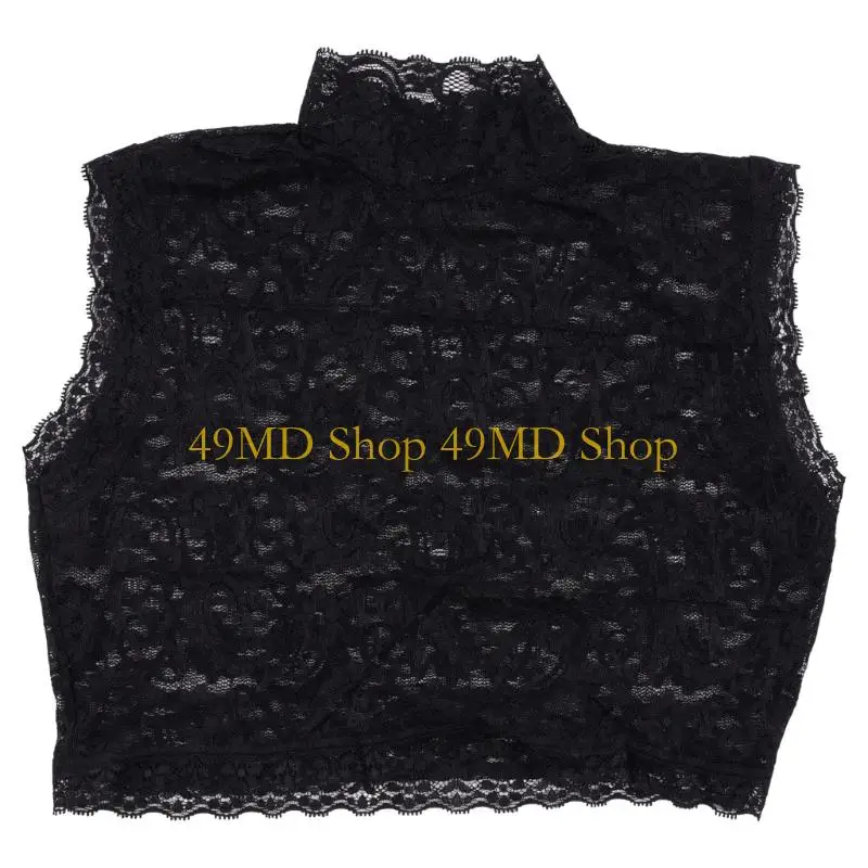 49MD Women Decorative Floral Lace Faux Collar Stand Collar Scalloped Trim Sleeveless Vest Mock Neck Dickey Pullover Half Shirt