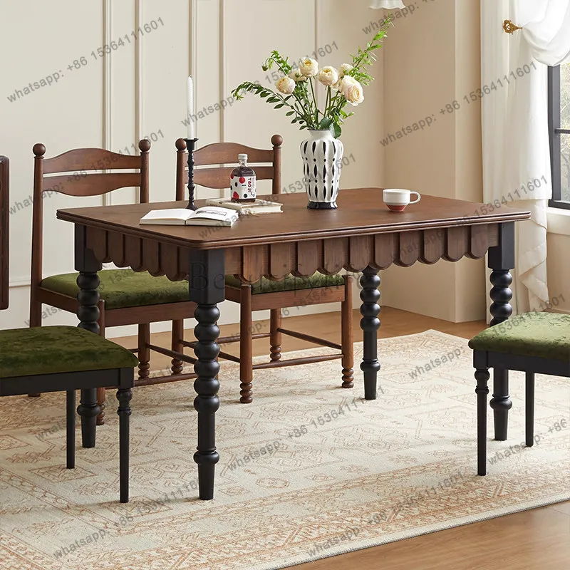 

French retro solid wood dining table, antique small apartment light luxury Roman column writing table