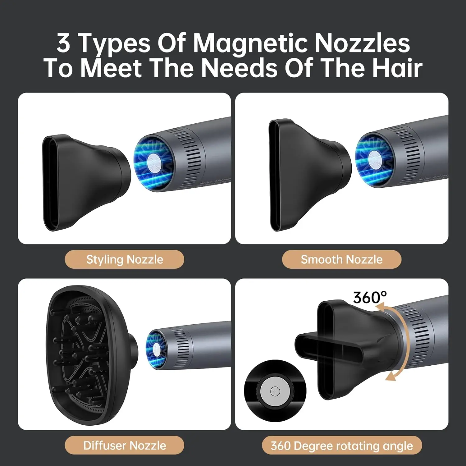 Складной фен с мощным бесщеточным Мотором, магнитным соплом, 12 режимов, высокая скорость, быстрая сушка, Дорожный фен