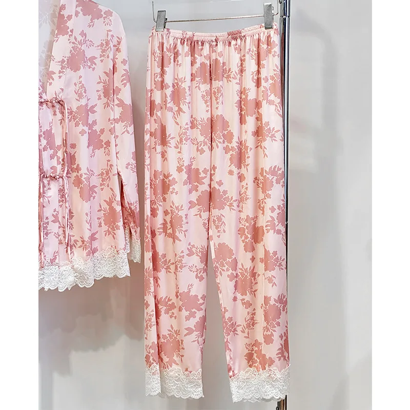 New Chinese style palace style lace ice silk pajamas female national charm style long-sleeved household clothes trousers suit 6
