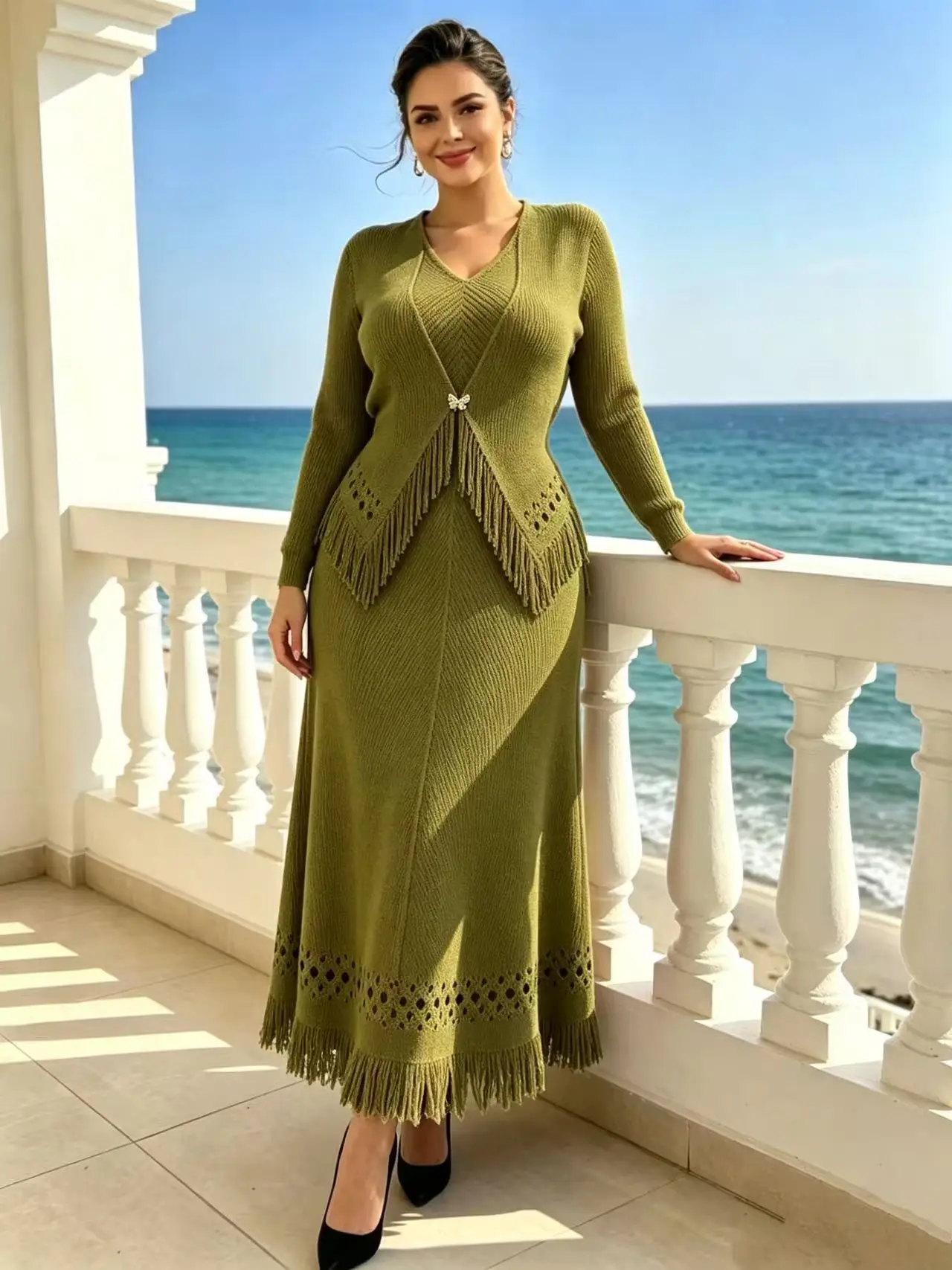 2026 Miyake Pleated New Fashion V-neck Solid Color Temperament Fringed Dress Set Women's Two-piece Set