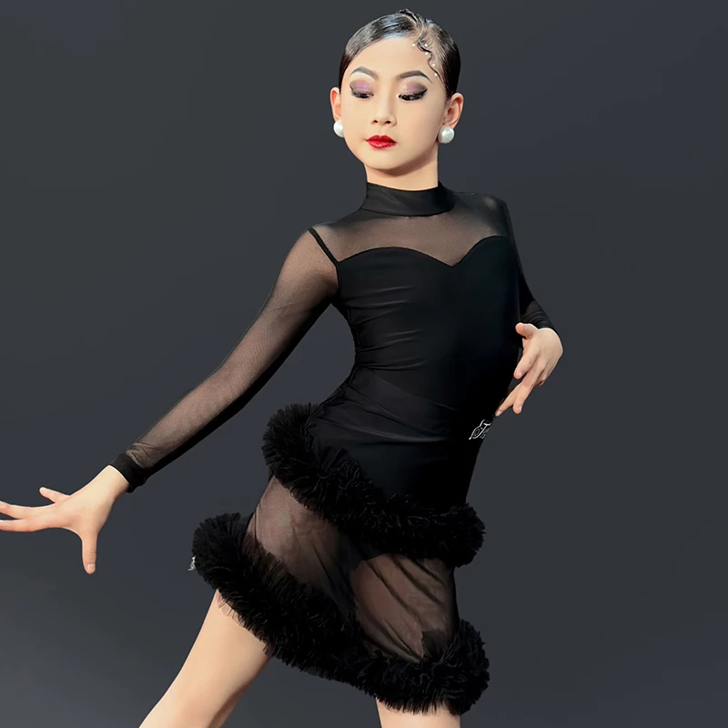 

2023 Girls Latin Dance Dress Mesh Long Sleeves Performance Costume Kids Rumba Ballroom Dance Competition Practice Dress DNV19052