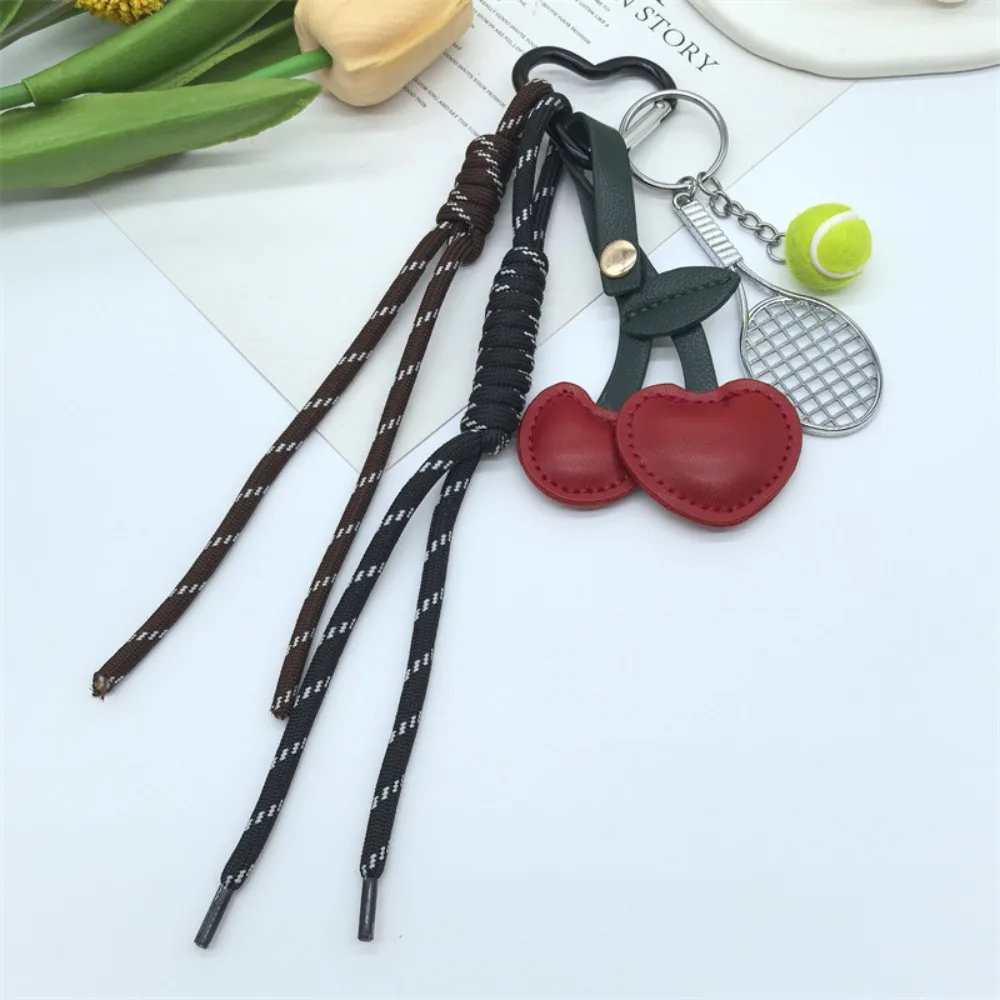

Girl Heart Braided Rope Keychain Anti-Lost Handmade Cherry Shaped Bag Pendant Hand-Woven Ornament Tennis Racket Key Chain