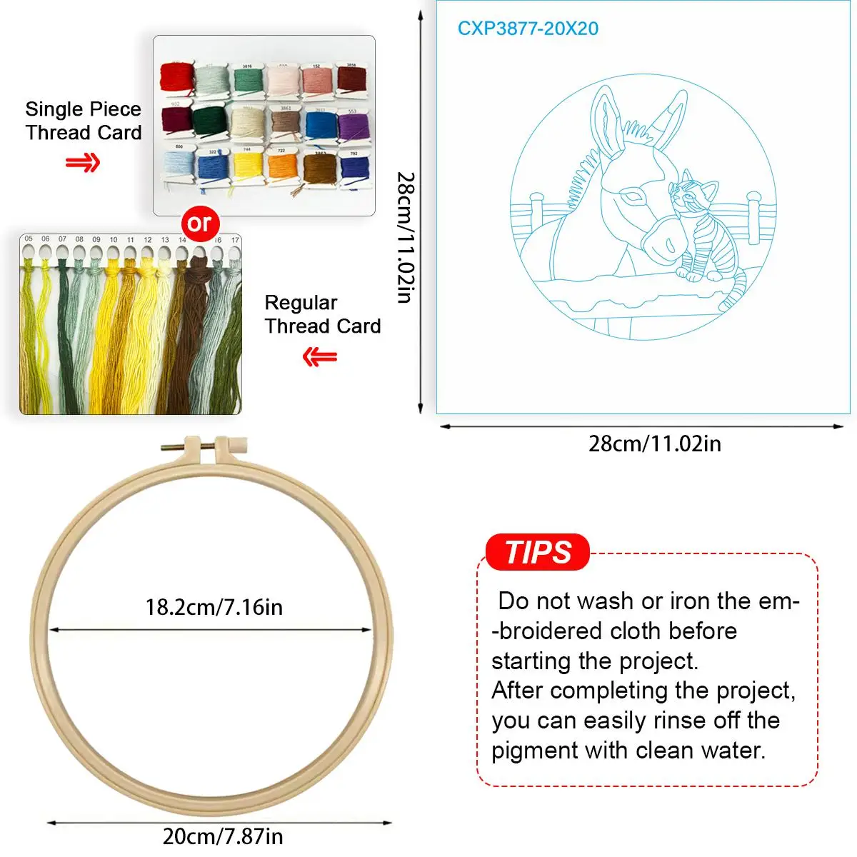 1 Stück 20X20CM/15X15CM 7,87/6,3 Zoll Tier - Esel Stickerei Starter-Kit DIY-Kit DIY-Stickerei-Set Handarbeiten Heimdekoration – Detail 3