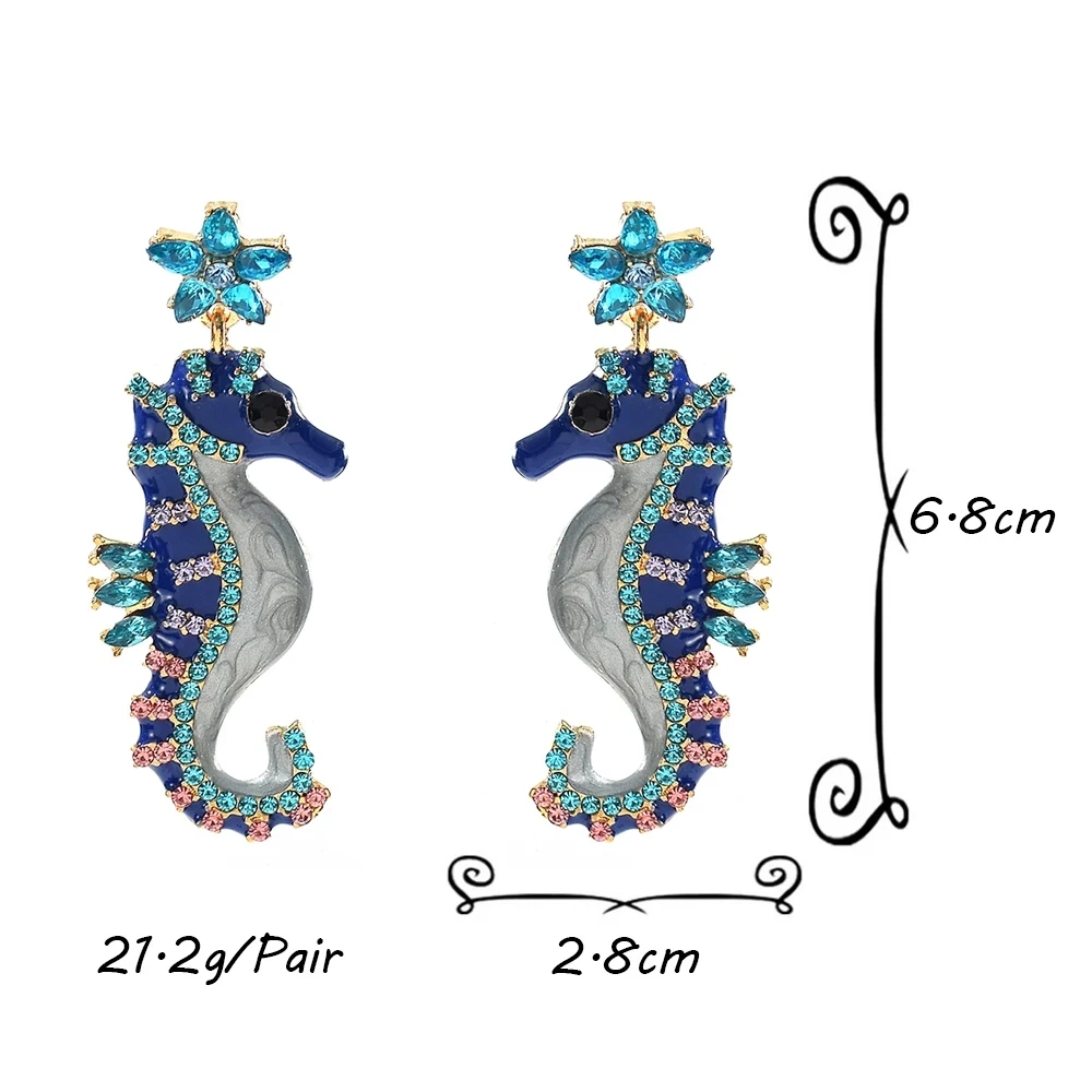 Vedawas Cute Metal Blue Black Crystal Seahorse Drop Earrings for Woman Funny Creative Marine Animal Earrings Personality Jewelry