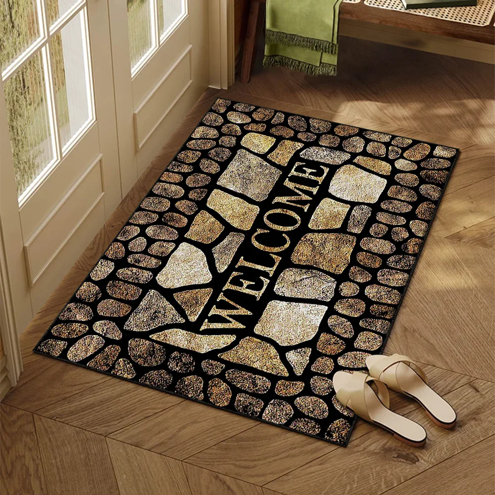 Stones Pebbles Welcome Indoor Entrance Doormat For Living Room Bedroom Carpet Kitchen Bathroom Anti-slip Foot Mat Home Decor Rug