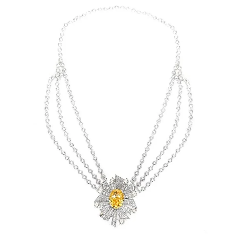 Bellux Pendant Chain 925 Silver Synthetic Zircon Designer Flower Oval Yellow Diamond Topaz Multi layer Necklace