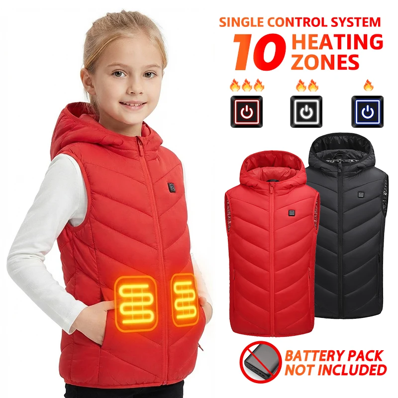 Kinder-Heizweste, 10 Zonen, USB-betriebene, elektrisch beheizte Jacke, Innenweste mit Kapuze, warme, thermische Winterjacke für Schule und Outdoor-Aktivitäten.