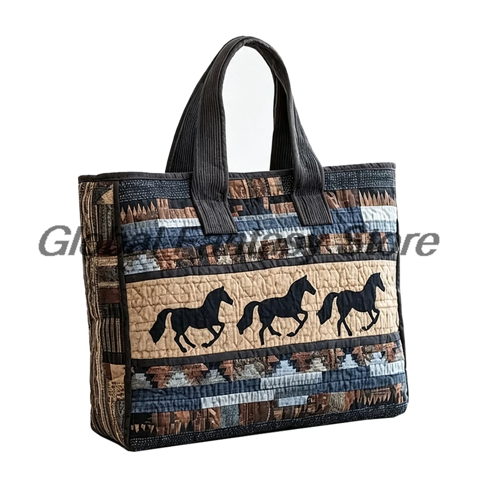 Western Wild Horse Quilted Tote Retro Patchwork Shoulder Bag Casual HandBag Women Daily Shopping Bags