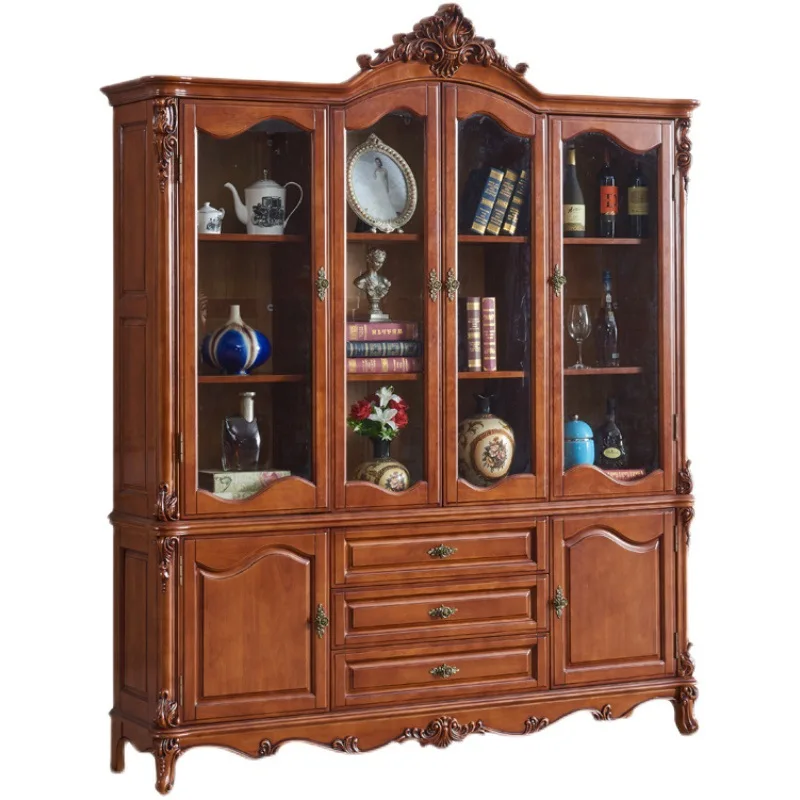 

European solid wood bookcase, glass door, study luxury high-end American wall European and American style carving