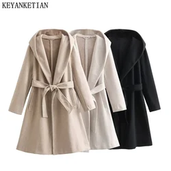 KEYANKETIAN Winter New Woman Cap collar Woolen Casacos With Belt Solid Loose long CoatFemale Thick Warm Casaco Feminino Top