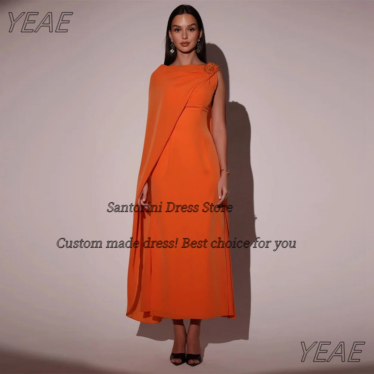 

Santorini Orange Prom Dresses Ankle Length Women Wear Wraps Evening Gowns with Beaded Sequins Special Banquet Party Dress