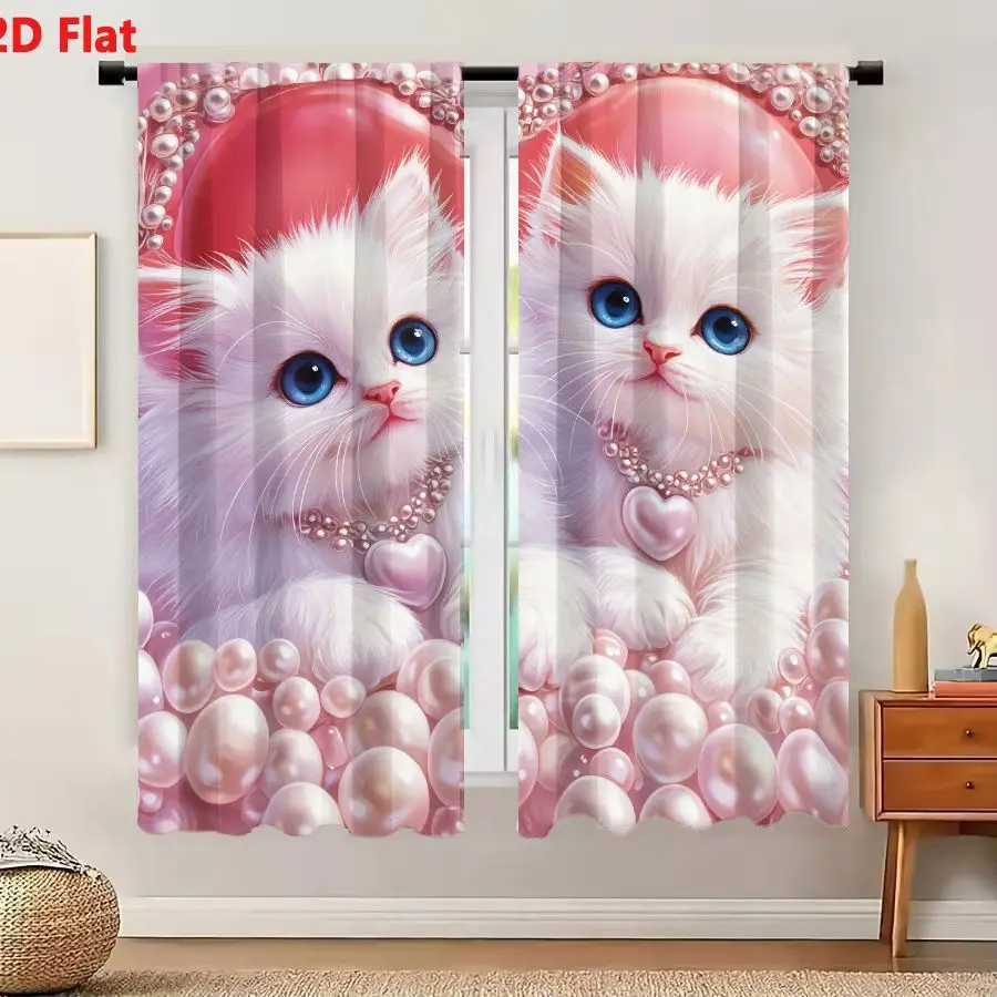 2Pcs Curtains 2D Flat Adorable Fluffy White Kittens With Blue Eyes Pink Noses Pearl Necklaces Heart Pendant In Front Of Pink Hea