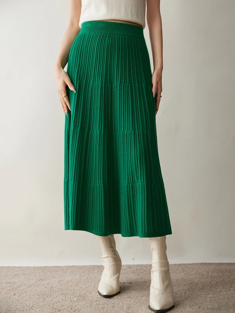 

100% кашемировая трикотажная юбка, осень-зима, женское элегантное многоуровневое платье со складками, тонкое трапециевидное однотонное офисное женское платье с высокой талией, элитное