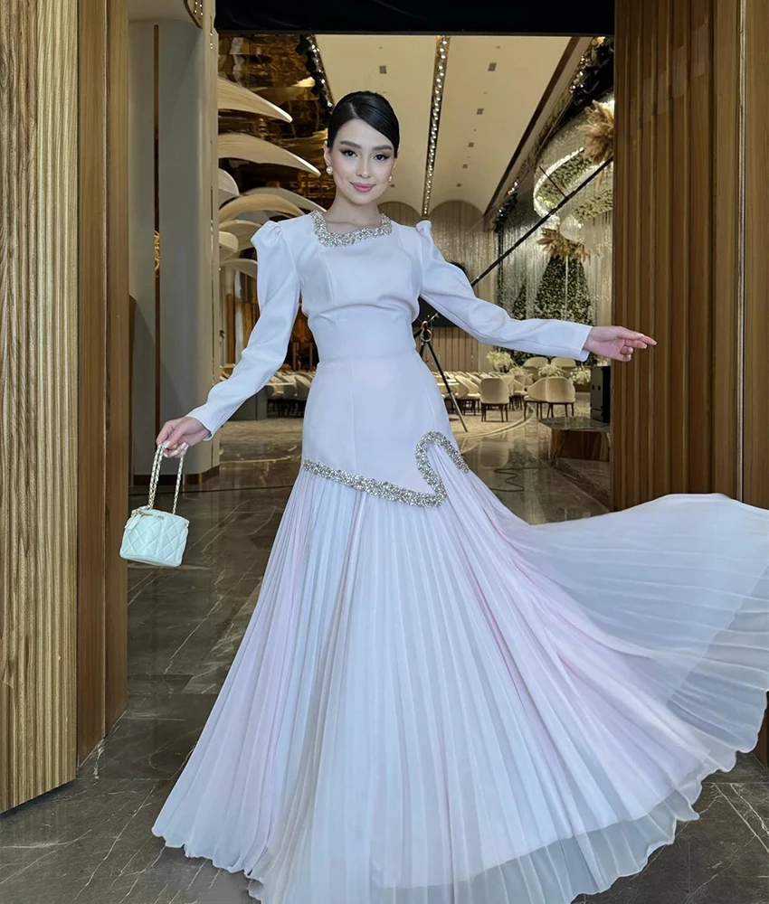 

Customized Graceful Chiffon A-Line Beading Crystal Pearls Evening Dress Temperament Long Sleeves Square Neck prom dresses