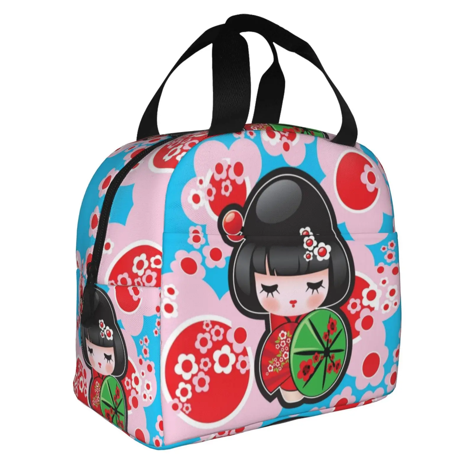 Kawaii Kokeshi Doll Cherry Blossoms Insulated Lunch Boxes Cute Japanese Dolls Girl Art Storage Food Box Cooler Thermal Lunch Bag