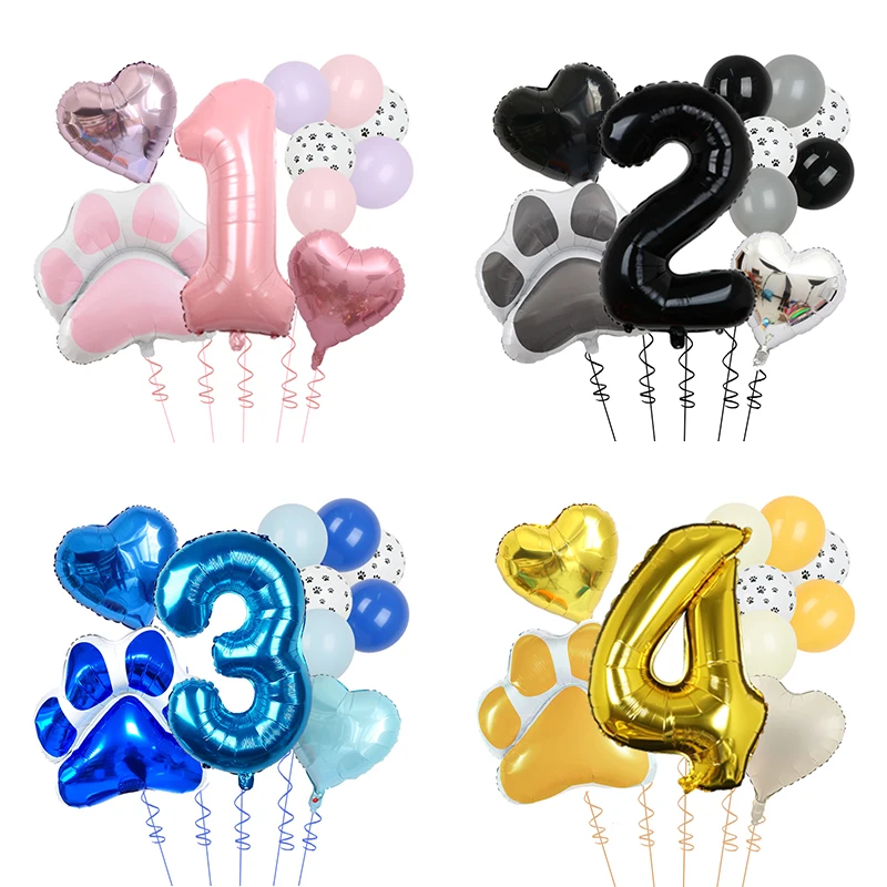 10PCS Animal Let's Pawty Dog Cat Paw Aluminum Balloon 40inch Pink Grey Blue Gold Number Birthday Party Decor Balloon Baby Shower