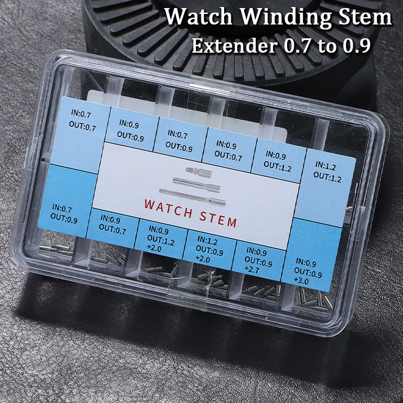 Assorted Watch Stem Replacement Set with Storage Box Multi Sizes Winding Stems Watch Movement Repair Parts Extender 0.7 To 0.9