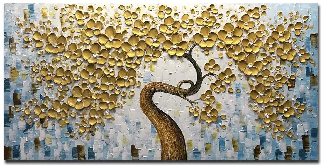 Golden Flower Paintings Abstract Paintings Lucky Tree Canvas Decoration For Living Room